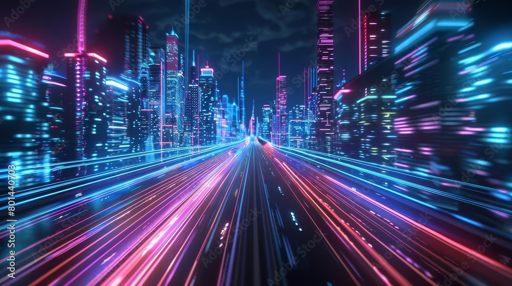 futuristic city highway with colorful light trails of digital data transfer 3d illustration