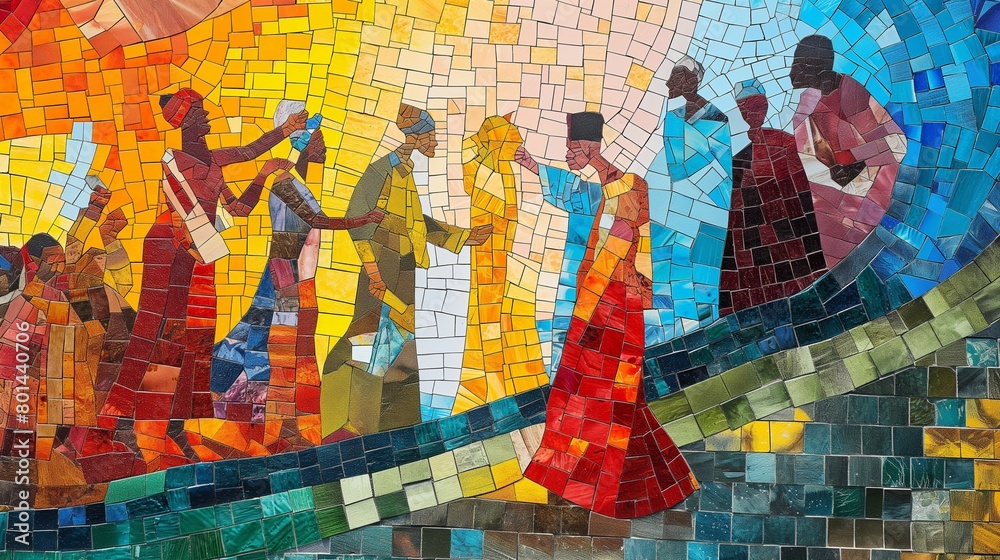  A vibrant mosaic of street art depicting iconic moments from the struggle for independence, inspiring generations anew
