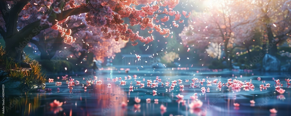 Fototapeta premium Asian garden with sakura trees and pond. Landscape with cherry blossom falling in lake with bokeh light. Springtime fine art background.