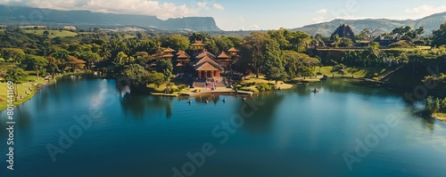 Aerial drone view of Ganga Talao, a Hindu pilgrimage site with temples, crater lake and Hindu people worshipping at Grand Bassin, Savanne, Mauritius. photo