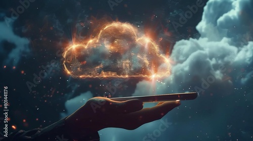 futuristic glowing cloud symbol hovering above tablet in hands cloud data storage technology concept photo