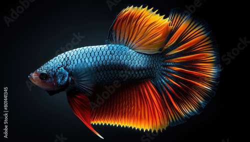 Beautiful betta fish, orange and blue colors, dark background, hyper realistic photography. Created with Ai