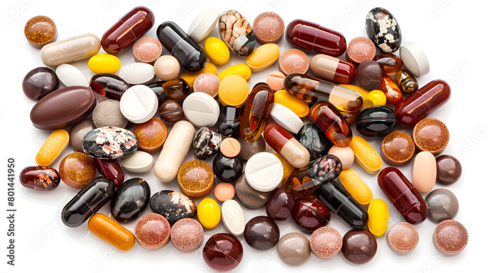 Pharmacy theme, Multicolored Isolated Pills and Capsules on the White Surface ,A group of various pills sit on a white background Pharmacy theme, Multicolored Isolated Pills and Capsules on the White Surface ,A group of various pills sit on a white background