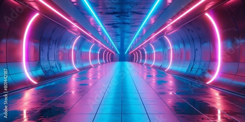 abstract background of futuristic corridor with purple and blue neon lights