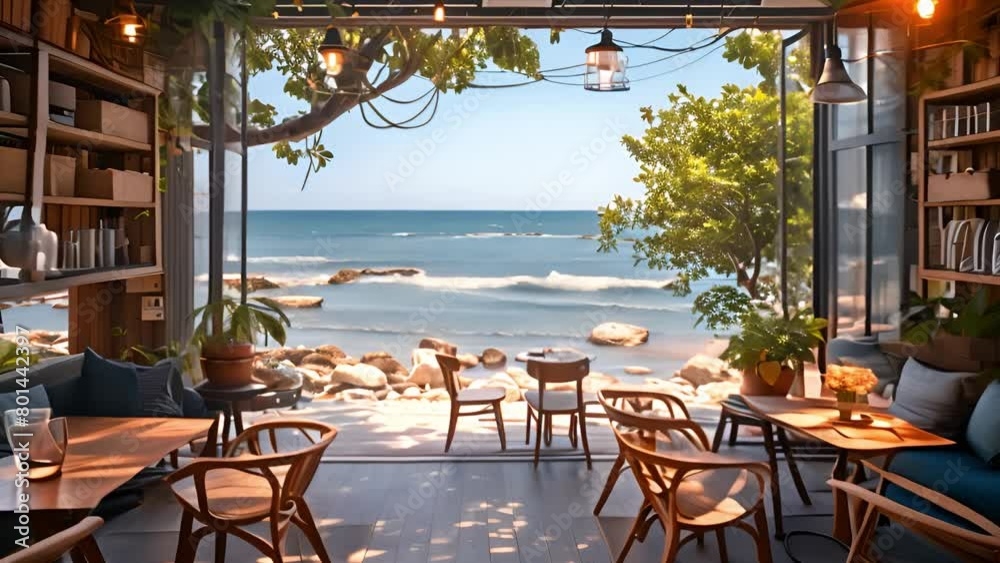 This restaurant overlooking the ocean with diners enjoying their meals.