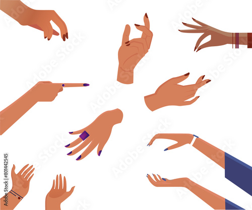 Set of hands gestures in doodle style isolated gesturing human arms. Vector man or woman hands showing peace sign, heart and money, handshake. Fingers with cigarette, pencil and bank card