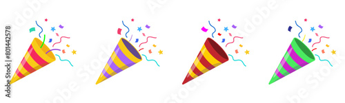 Confetti party popper icon, fireworks logo, cap, flat design. Vector illustration isolated on white background.