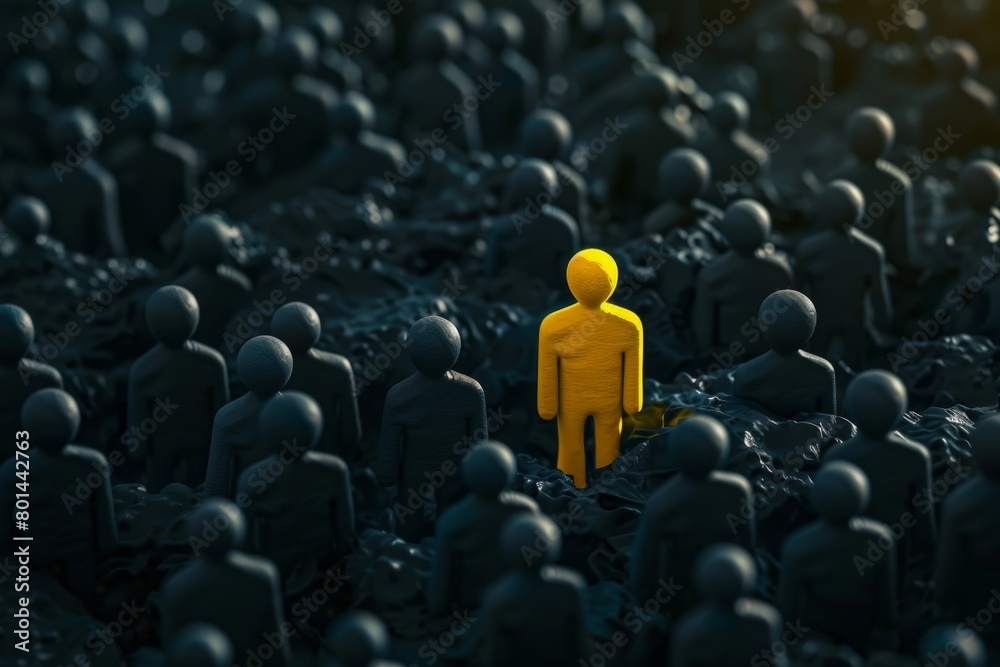 Fototapeta premium A conceptual image depicts a distinctive yellow figure standing out amidst a sea of dark silhouettes, symbolizing brand differentiation and the ability to stand out from the competition