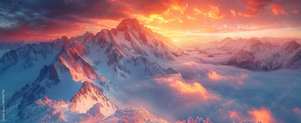 A majestic mountain range under the vibrant glow of sunrise, with snow-covered peaks and clouds swirling around it. Created with Ai
