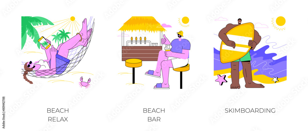 Beach activities isolated cartoon vector illustrations.
