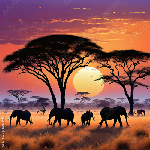 elephants at safari sunrise