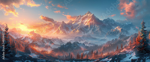 Beautiful snowy mountain peaks at sunset  with an orange and pink sky. Fog in the valley below. Created with Ai