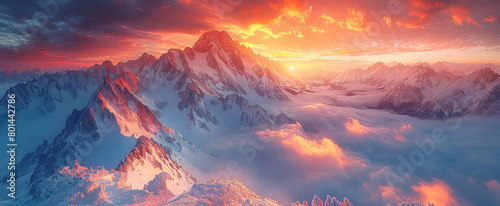 A majestic mountain range under the vibrant glow of sunrise, with snow-covered peaks and clouds swirling around it. Created with Ai