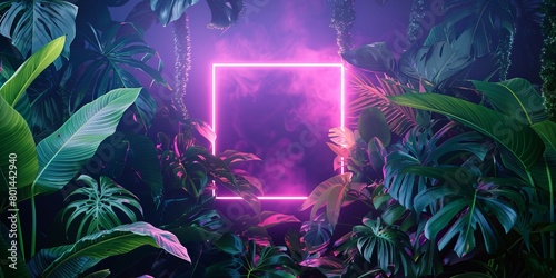 Tropical Plants Illuminated with Green and Purple Fluorescent Light. Exotic Environment with Square shaped Neon Frame. © Coosh448