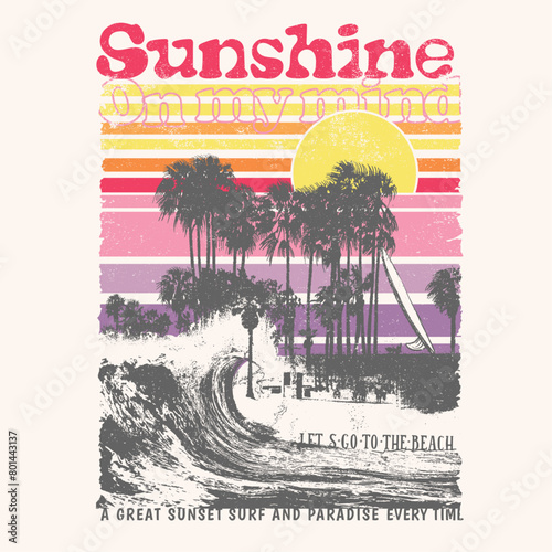 Sunshine Retro gradient vintage color shade, women's summer palm tree beach, big wave inside the beach resort, slogan typography Sunshine on my mind text, retro sunset and sunrise  colorful background