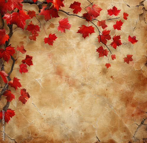 A digital art background featuring an autumn-themed pattern of red maple leaves scattered across the surface. Created with Ai