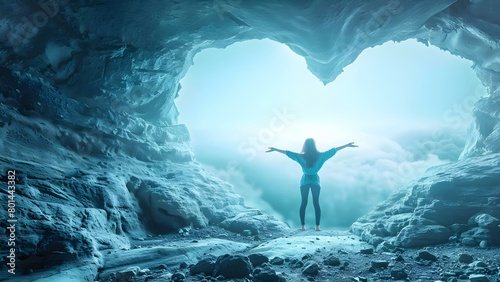 Person standing at heartshaped cave opening with arms outstretched. Concept Outdoor Photoshoot, Heart-shaped Cave, Nature Portrait, Arms Outstretched