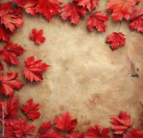 Vintage paper background with red leaves, digital art, whimsical, fantasy. The artwork is in the style of fantasy. Created with Ai