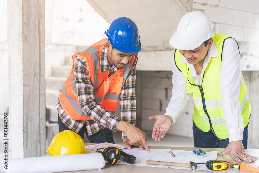 Builder team, hand of two asian young engineer, architect man, male discussing construction, follow project to build industrial plan on desk at site outdoor. Engineering worker, teamwork people.