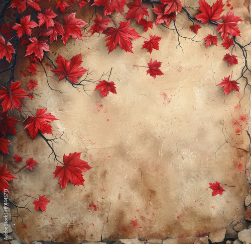 Vintage background with red leaves on the edges, digital backdrop for photography in the style of. Created with Ai