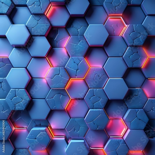 Create a seamless pattern with glowing hexagons. The hexagons should be dark blue with glowing orange cracks, set against a dark background.