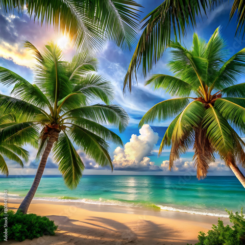 exotic beach view with palm trees nature wallpaper