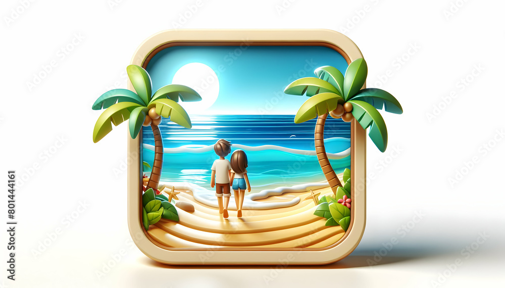 3D Cartoon Couple Walking Beachside Bliss Concept with Azure Waters and Palm Trees