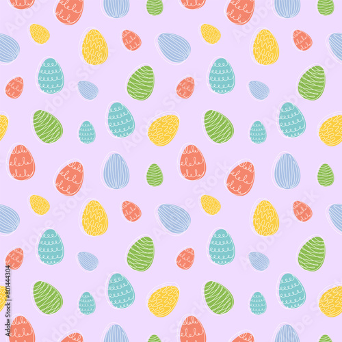 Seamless pattern of colorful Easter eggs with hand-drawn details. Continuous one line drawing. Isolated on purple backdrop Festive design. Easter decoration, wrapping paper, greeting, textile, print