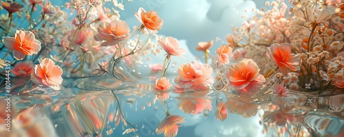 abstract wallpaper with floating flowers in mirror