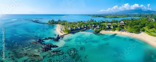 Aerial drone view of 5 star resort Shangri - La Le Touessrok with sandy beach, white villas and pool, Ilot Lievres, Flacq, Mauritius. © Coosh448