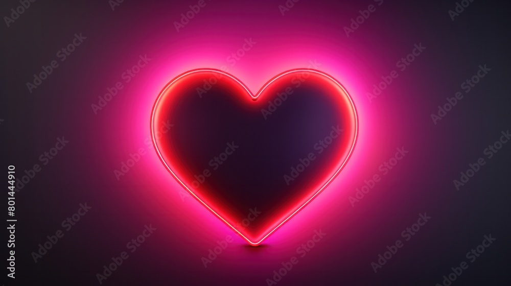 Pink neon light heart shape on night brick wall.