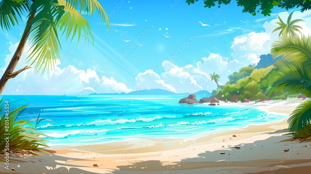 Beach Landscape with Crystal Clear Sea and Sandy Shore, Suitable for travel agencies, beach resorts, and thematic websites. a sunny beach with bright blue sea and palm trees in the background.