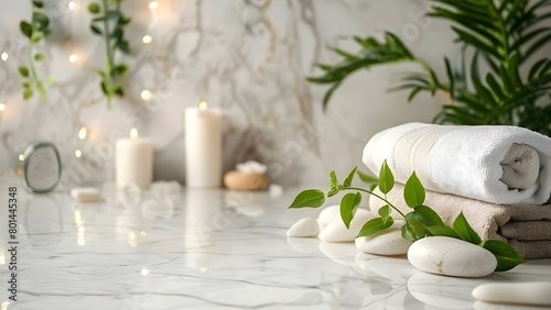 Marble background with white stones towel green plant spa ambiance . Concept Spa Photography, Marble Background, Nature Inspired, White Stones, Greenery Decor