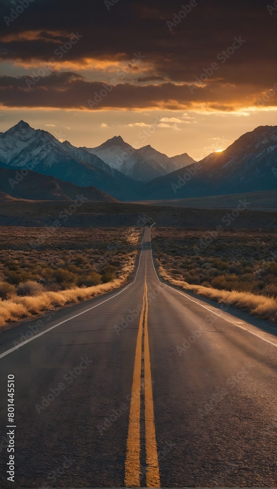 Naklejka premium Sunset on a road surrounded by mountains