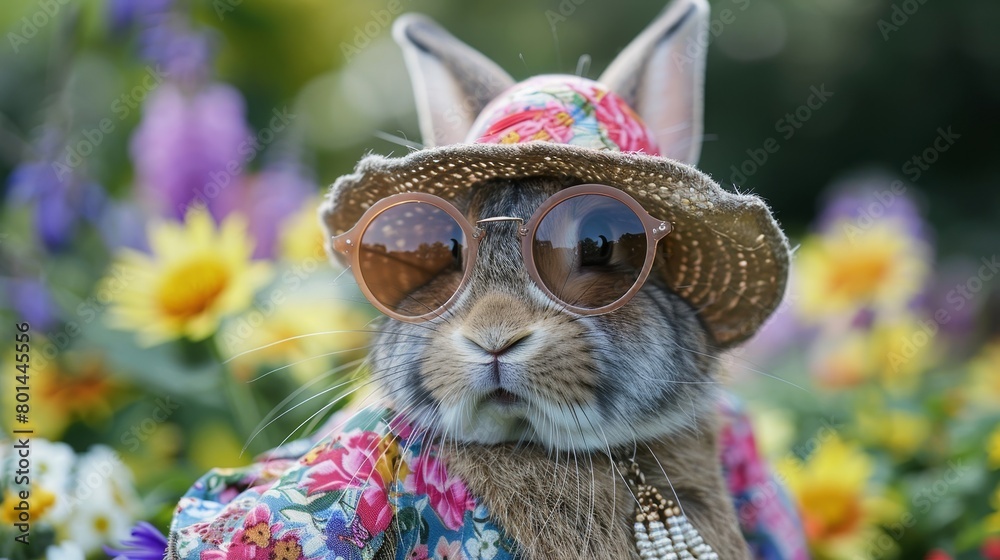 A rabbit wearing sunglasses and a flowery hat is sitting in a field of flowers A rabbit wearing sunglasses and a flowery hat is sitting in a field of flowers