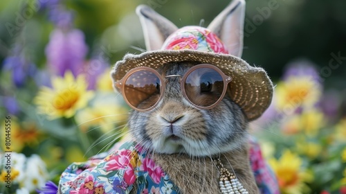 A rabbit wearing sunglasses and a flowery hat is sitting in a field of flowers
