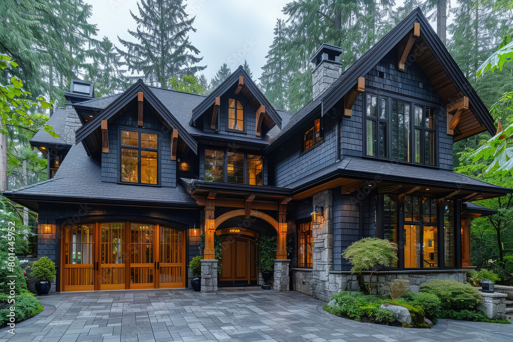 Beautiful black and wood cabin style home in the woods of British Columbia, luxury house with large front porch. Created with Ai