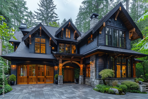 Beautiful black and wood cabin style home in the woods of British Columbia  luxury house with large front porch. Created with Ai