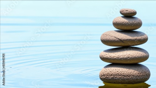 The sea stones are laid out in a pyramid in the water.