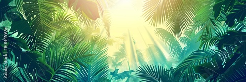 Illustration of a wild tropical jungle in muted green colors, , bright sun rays penetrating through palm trees and plants, banner