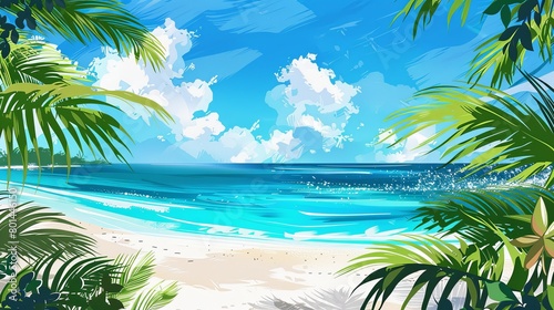 Tropical Beach Paradise, Perfect for travel agencies, resorts, and tourism sites. Features palm-fringed white sands against a vivid blue ocean backdrop. Generative AI.