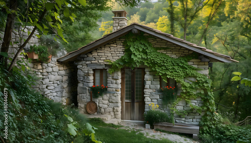 Perched on a gentle slope, a stone house is embraced by lush greenery and towering trees, creating a picturesque scene straight out of a fairytale