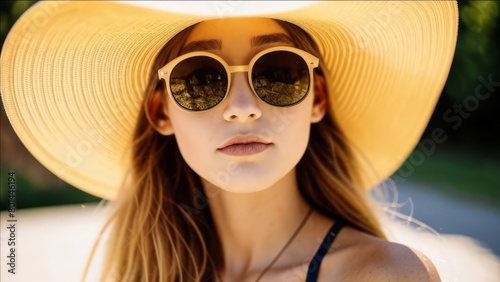 Girl in sunglasses and a hat with a large brim.