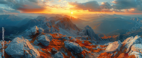 Dolomites mountain range, sunset, high resolution, hyper realistic photo, breathtaking view. Created with Ai