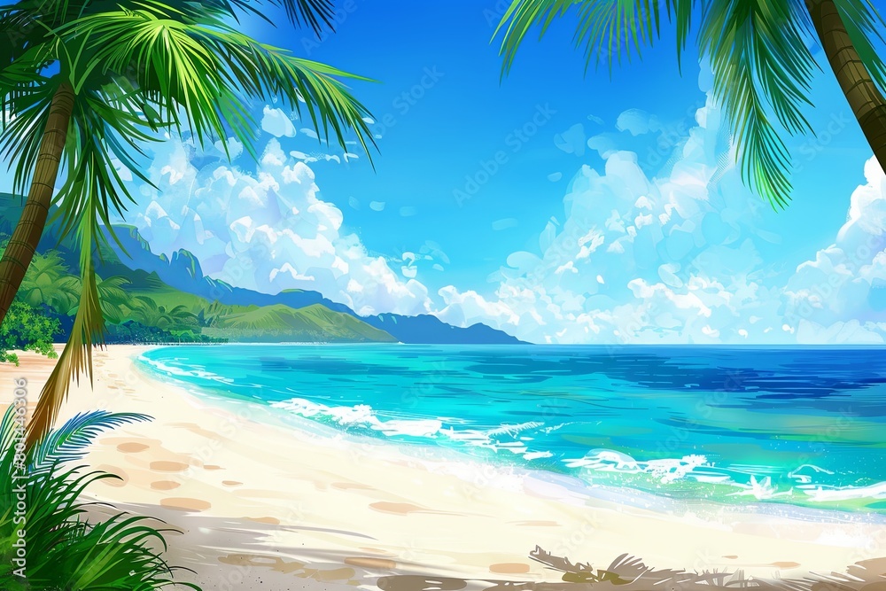 Tropical Beach Scene, Perfect for travel agencies, resorts, and tourism websites. Features palm trees, white sand, and vibrant blue ocean, inviting viewers to paradise. Generative AI.