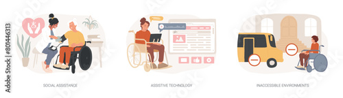 Help for disabled person isolated concept vector illustration set.