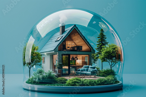 House in a glass sphere on a blue background. The concept of real estate.