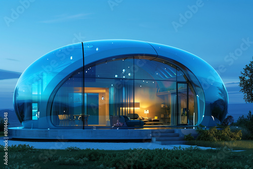 House in a glass sphere on a blue background. The concept of real estate. photo