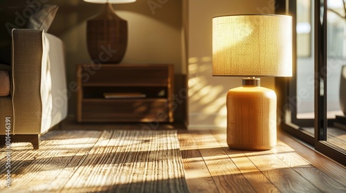 Imagine an elegant setting with a lamp on a wooden floor, its glow softened by a stylish lampshade photo
