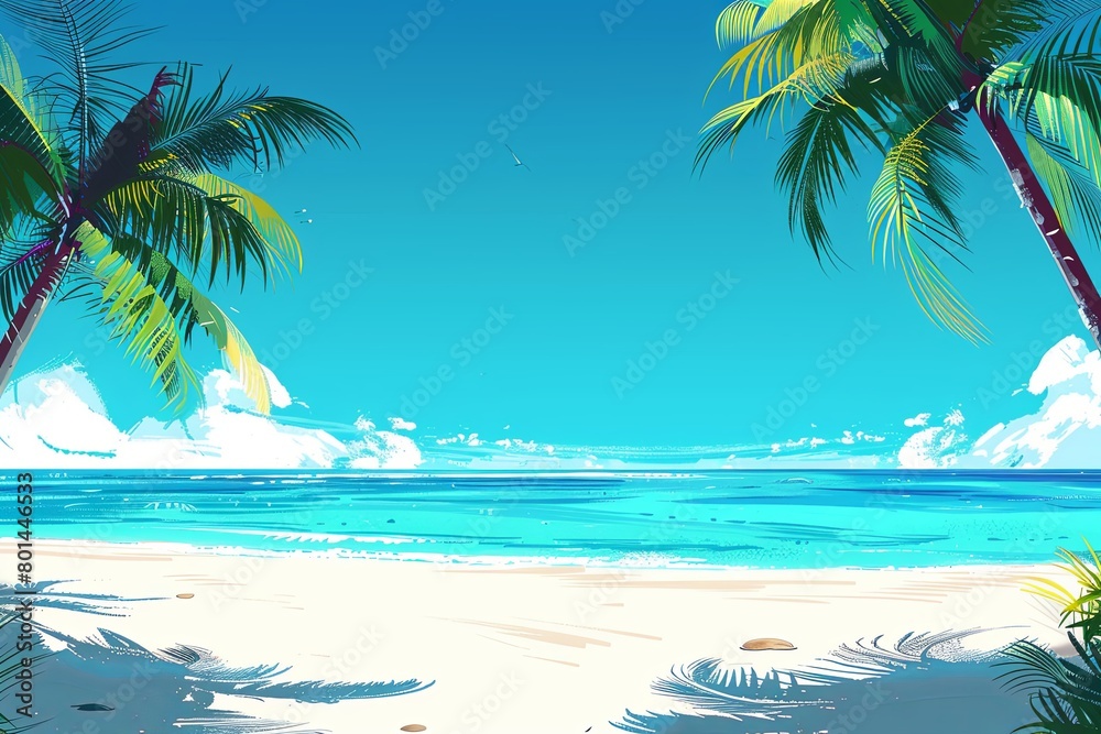 Obraz premium Tropical beach scene with palms and blue ocean. Perfect for travel agencies, resorts, and tourism websites. Features white sand and vibrant blue waters. Generative AI.